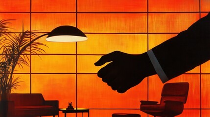 Poster - Silhouette of a hand reaching out in a modern interior with warm orange lighting and furniture