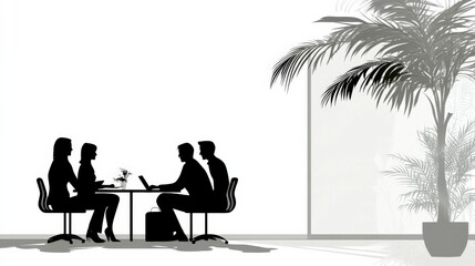 Poster - Silhouetted Business Meeting in Modern Office with Palm Plant and Minimalist Background