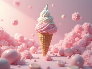 Aufkleber - whimsical soft serve swirl in pastel pink and white, nestled amidst cloud-like candies on a dreamy
