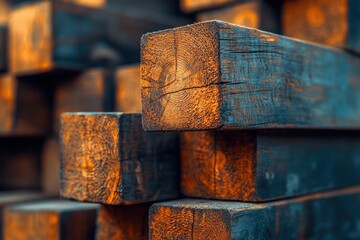 Poster - Stack of lumber with visible wood grain, showing the raw material for construction, showcasing the texture and color variations in a warehouse or lumberyard.