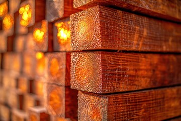 Poster - A captivating perspective of stacked timber, enhanced by warm, golden light, showcasing the intricate wood grain patterns and textures, creating a rustic and inviting visual experience.