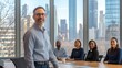© Andrew - Leadership in Focus: A confident male leader stands prominently, smiling with his diverse team, against a backdrop of a modern cityscape, symbolizing teamwork and professional success.