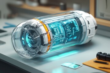 Poster - a futuristic, transparent container showcasing intricate digital circuitry and glowing blue data str