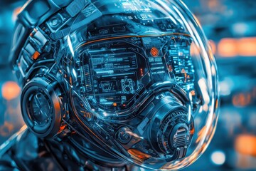 Poster - A highly detailed and futuristic helmet featuring integrated displays and complex circuitry, showcasing advanced technology and design aesthetics for the future era.