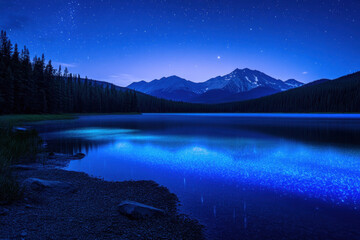 Wall Mural - Scenic view of a tranquil lake under a starry night sky with luminous blue water, surrounded by pine trees and mountains.