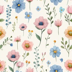 Poster - Charming pastel doodle pattern featuring small flowers in pink, blue, and green on white background