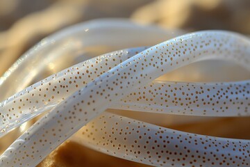 Poster - close-up of a flexible tube with evenly spaced holes on a golden surface creates a unique pattern, s