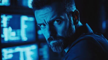 Poster - Concentrated Observer: A focused individual, eyes narrowed in intense scrutiny, observes intricate data streams on multiple monitors, bathed in the cool glow of the tech environment.