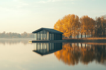 Wall Mural - A serene floating house on a calm lake surrounded by vibrant autumn trees reflecting in the water, creating a peaceful and picturesque scene.