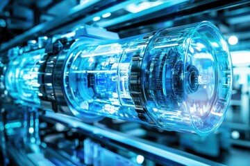 Poster - a futuristic industrial machine with intricate internal gears encased in a transparent cylinder, ill