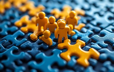 Fototapete - A closeup of a blue puzzle featuring yellow human figure shapes, symbolizing collaboration, teamwork, and unity in a bright, energetic visual