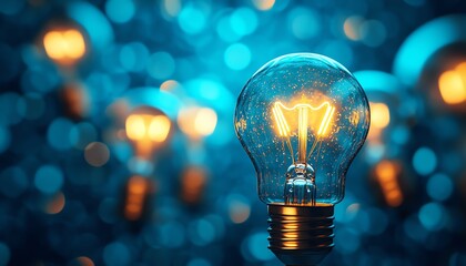 Leinwandbilder - A collection of glowing light bulbs shining brightly against a blue background, symbolizing the endless potential of creative ideas and innovation