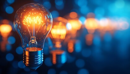 Aufkleber - A collection of glowing light bulbs shining brightly against a blue background, symbolizing the endless potential of creative ideas and innovation