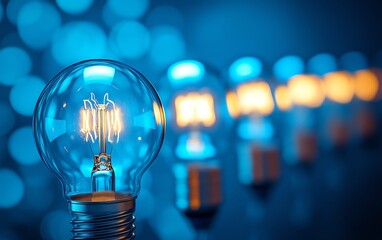 Poster - A collection of glowing light bulbs against a blue background, symbolizing innovation, ideas, and creativity with a vibrant, energetic glow
