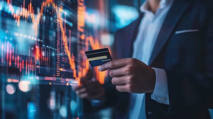 Poster - Financial transaction: A businessperson is holding a card standing in front of the financial graph that indicates market growth and financial.