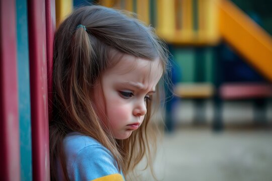 portrait capturing a sad little girl softly crying near a playground slide, embodying feelings of lo