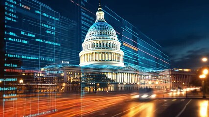 Poster - Capitol building illuminated at night with digital data overlay in futuristic concept