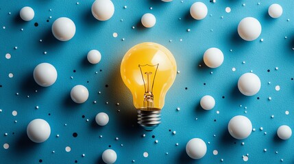 Aufkleber - A glowing yellow light bulb surrounded by several white bulbs on a blue background, symbolizing creativity, innovation, and bright ideas