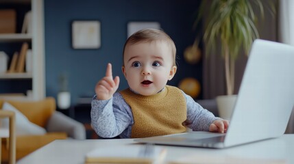 Baby's First Tech: A curious baby in a blue shirt and yellow vest sits at a table, pointing with his finger to a laptop screen, his face filled with wide-eyed wonder and an air of innocent discovery.