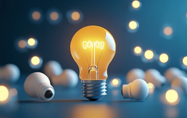 Aufkleber - A glowing yellow light bulb surrounded by white bulbs on a blue backdrop, illustrating creativity, innovation, and the illumination of new ideas