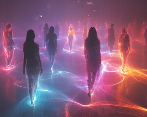 Aufkleber - A hightech digital scene featuring user profiles linked by bright, flowing lines of data, representing the fluid exchange of information in a modern networked environment