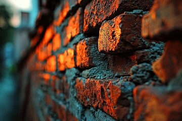Poster - A captivating close-up of an old brick wall illuminated by warm sunlight, enhancing the texture and depth, creating a vintage, weathered aesthetic, perfect for backgrounds.