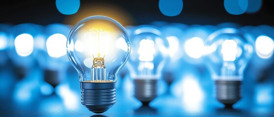 Aufkleber - A radiant yellow light bulb among several white bulbs on a blue background, symbolizing the fusion of creativity and innovation in a visually striking design