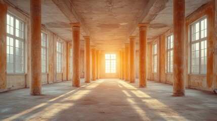 Poster - sunlight streaming through large windows in an empty industrial space with weathered pillars