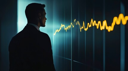 Poster - Visionary Analysis: A silhouette of a businessman gazing intently at a vibrant chart showcasing market dynamics, his gaze fixed upon the upward trajectory of the financial data.