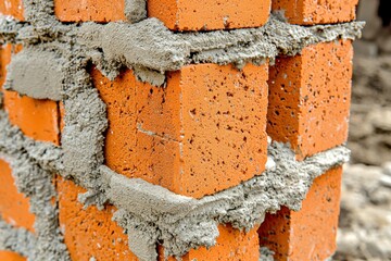 Poster - a close-up shot showcases a newly constructed brick wall, featuring vibrant red bricks and fresh gra