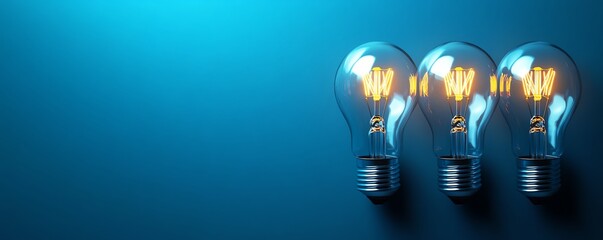 Poster - A series of glowing light bulbs on a blue background, symbolizing creativity, innovation, and the spark of new ideas in a visually captivating design