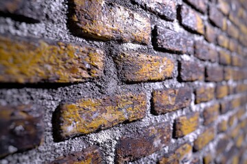 Poster - Close-up of a vintage brick wall with textured mortar and a weathered, rustic finish, showcasing the detailed construction and aged surface with a golden tint.