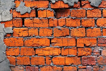 Poster - A detailed close-up of a distressed brick wall with crumbling plaster and vibrant red bricks, showcasing rich texture and weathered appearance.