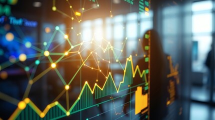 Poster - a digital financial graph overlaid on a blurred office setting, symbolizing business growth and data analysis