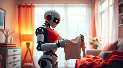 Poster - a robot carefully folding a piece of clothing in a cozy, well-lit living room, showcasing technological advancement and domestic assistance. The scene is filled with warm tones.