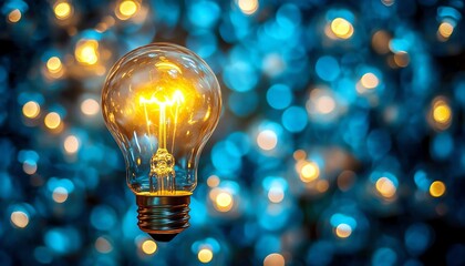 Poster - A yellow glowing light bulb at the center of white bulbs on a blue background, symbolizing the power of creativity and innovative thinking