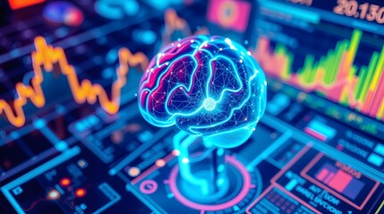 Poster - glowing digital brain with stock market graph in background, representing artificial intelligence (AI)