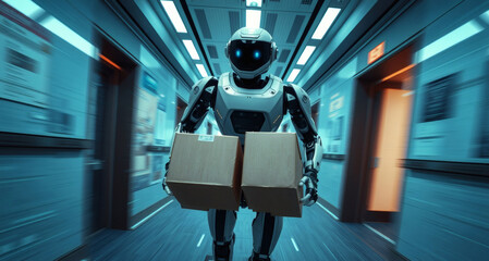 Poster - a robot carrying two boxes in a modern building hallway, possibly delivering packages or goods. The scene evokes a sense of futuristic technology and convenience