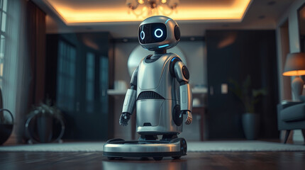Aufkleber - a futuristic robot stands indoors with soft lighting, high technology concept