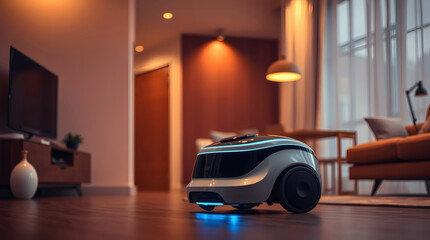 Poster - a modern robotic vacuum cleaner cleaning a home, representing automated cleaning