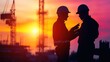 © yang - Engineer and construction team at work, silhouetted against a warm sunset, embodying teamwork and progress in industrial settings