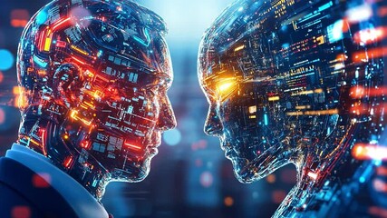 Poster - Realistic ai humanoid figures engaged in a gaze within a futuristic setting