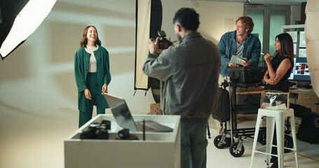 Aufkleber - Fashion, photographer and camera with people in studio for ecommerce catalog, production and model. Creative project, photoshoot and backstage with men and women on set for filming a brand campaign