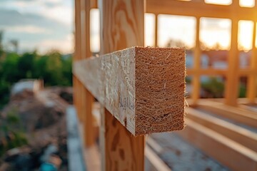 Poster - A close-up view of a wooden beam at a construction site, highlighting the textures and details of the engineered wood, illuminated by golden light, showing house framing.