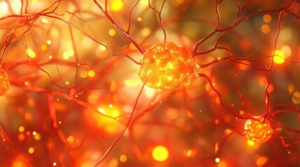 Aufkleber - Abstract close-up of glowing neurons and synapses in vibrant orange and yellow tones showcasing neural connections