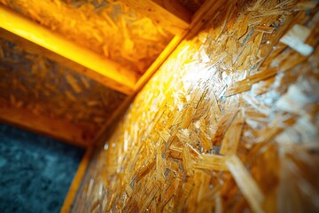 Poster - Interior view of a building under construction with oriented strand board walls and ceiling, showcasing construction details and materials in a bright environment.