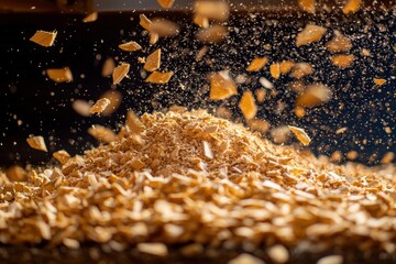 Poster - A close-up shot of wood chips falling against a dark backdrop, emphasizing texture, the forestry industry, and raw material processing for creative and industrial uses.
