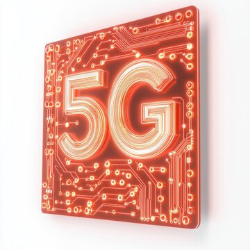 A glowing circuit board with G logo, isolated on white background, symbolizing fast wireless network innovation.