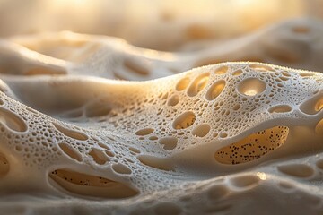Poster - An abstract close-up of a porous, organic-looking structure with light shining through its holes, showing unique textures and patterns and a calming light.