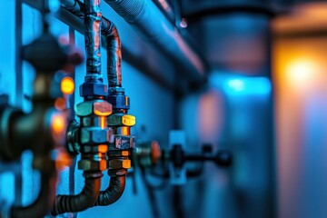 Poster - Abstract industrial scene with pipes, valves, and connections under blue lighting, highlighting maintenance, engineering, and technological infrastructure.